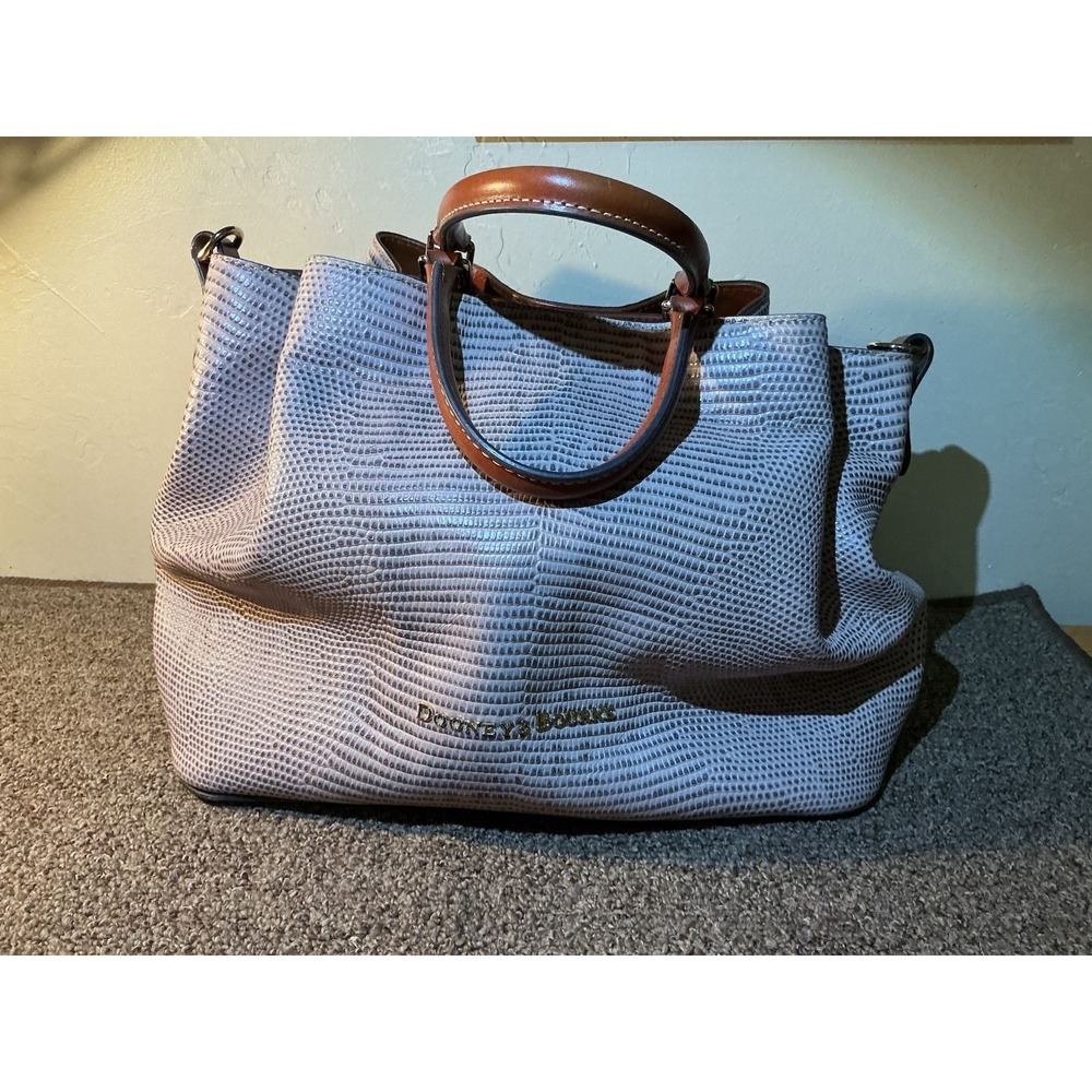 Dooney & Bourke Large Barlow Bag Embossed Gray Lizard British Tan Leather Trim